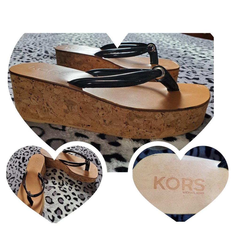 AUTH Y2K NewOldStock MICHAEL KORS Cork Platform & Black Patent Leather Size 9